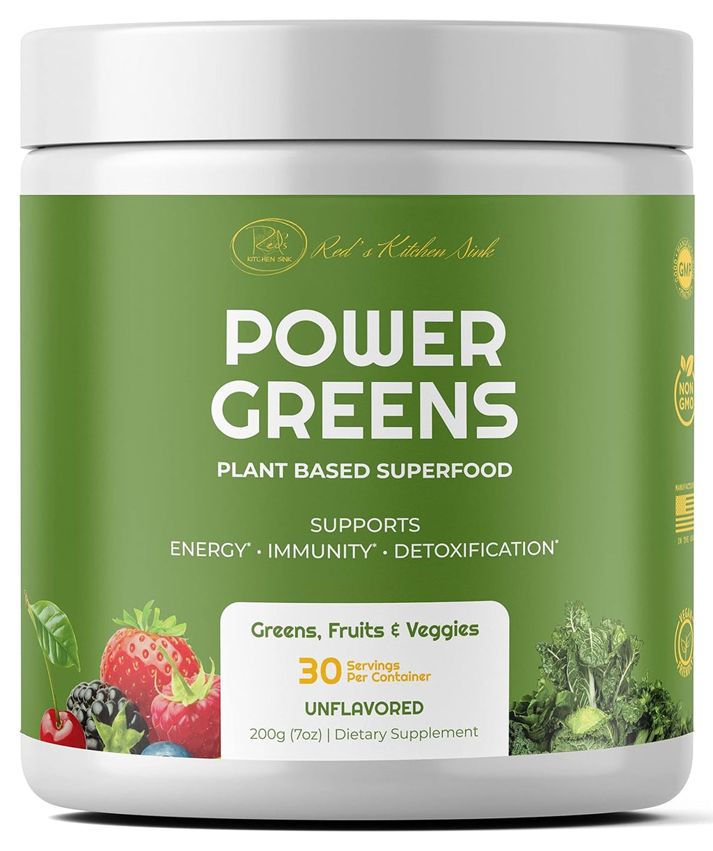Red's Kitchen Sink Power Greens Powder - Daily Greens Superfood Powder - Fruity, Veggie, & Green Leafy Smoothie Drink Mix - Superfoods Maca Root, Spirulina, Chlorella, & More (200 Grams)