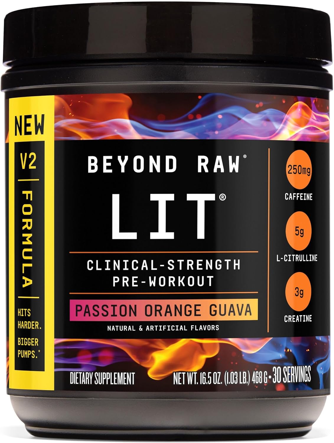 BEYOND RAW LIT V2 Clinical Strength Pre Workout Powder, Hits Harder, Bigger Pumps, Caffeine, L-Citrulline, Creatine, Passion Orange Guava, 30 Servings