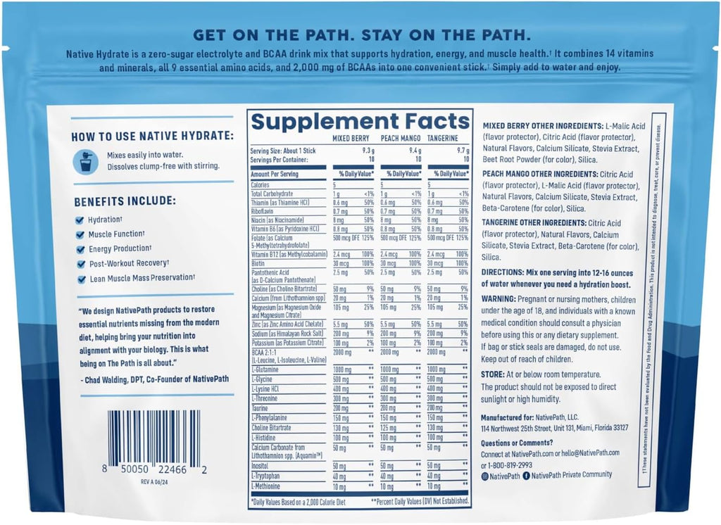 NativePath Native Hydrate Stick Packs with Electrolytes and Amino Acids, Variety Pack, Mixed Berry, Peach Mango, Tangerine, 30 Servings