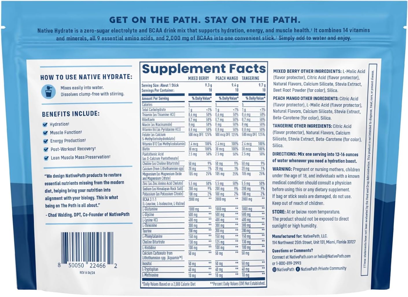 NativePath Native Hydrate Stick Packs with Electrolytes and Amino Acids, Variety Pack, Mixed Berry, Peach Mango, Tangerine, 30 Servings