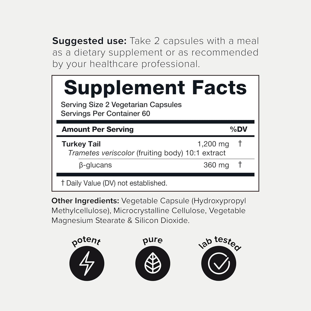 Turkey Tail Mushroom Capsules - Ultra High Potency 10:1 Extract with 30% Beta Glucans - Highly Concentrated - Third-Party Lab Tested - 120 Capsules