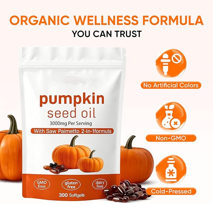 Pumpkin Seed Oil Capsules, 2 in 1 Pumpkin Seed Oil with Saw Palmetto for Hair, 3000mg Pure & Natural Supplement, Supports Hair Heart Skin Supplement, Non-GMO, Gluten Free, 300 Softgels (1)