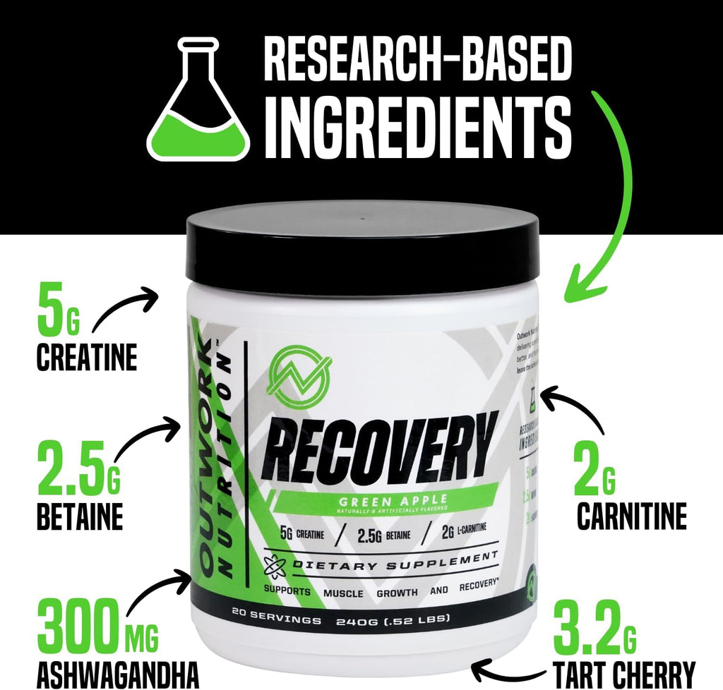 Outwork Nutrition Post Workout Recovery Powder - Creatine Monohydrate, KSM-66 Ashwagandha & Tart Cherry - Speeds Recovery, Eases Soreness - Creatine Powder for Men & Women, Green Apple, 240 Gr