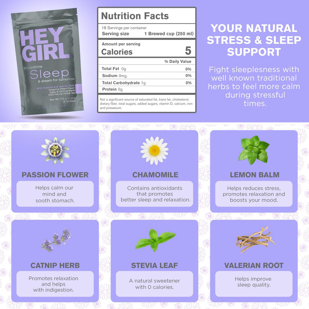 Hey Girl Sleep Tea - Natural Herbal Bedtime Tea Bags with Chamomile, Passion Flower, Valerian Root, Lemon Balm - Calming, Relaxing Adults Sleepy Night Time Tea - Relaxation Gifts for Women 2-packs