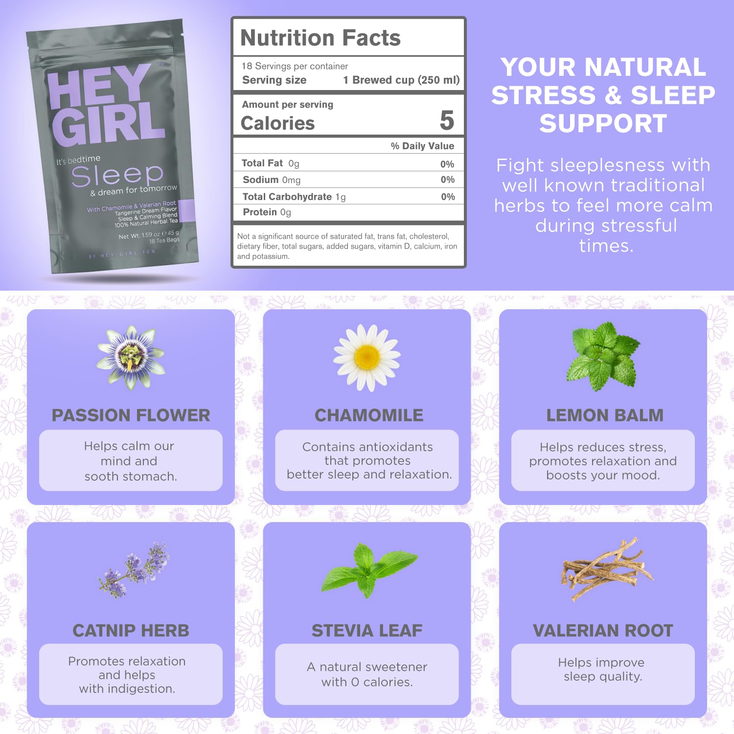 Hey Girl Sleep Tea - Natural Herbal Bedtime Tea Bags with Chamomile, Passion Flower, Valerian Root, Lemon Balm - Calming, Relaxing Adults Sleepy Night Time Tea - Relaxation Gifts for Women 2-packs