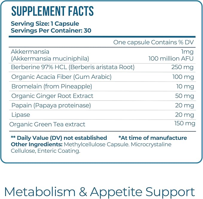 Akkermansia Probiotic & Berberine GLP-1 Support Supplement – 100 Million AFU Probiotic for Gut Health & Metabolic Balance with Green Tea, Acacia Fiber & Enzymes – 30 Capsules