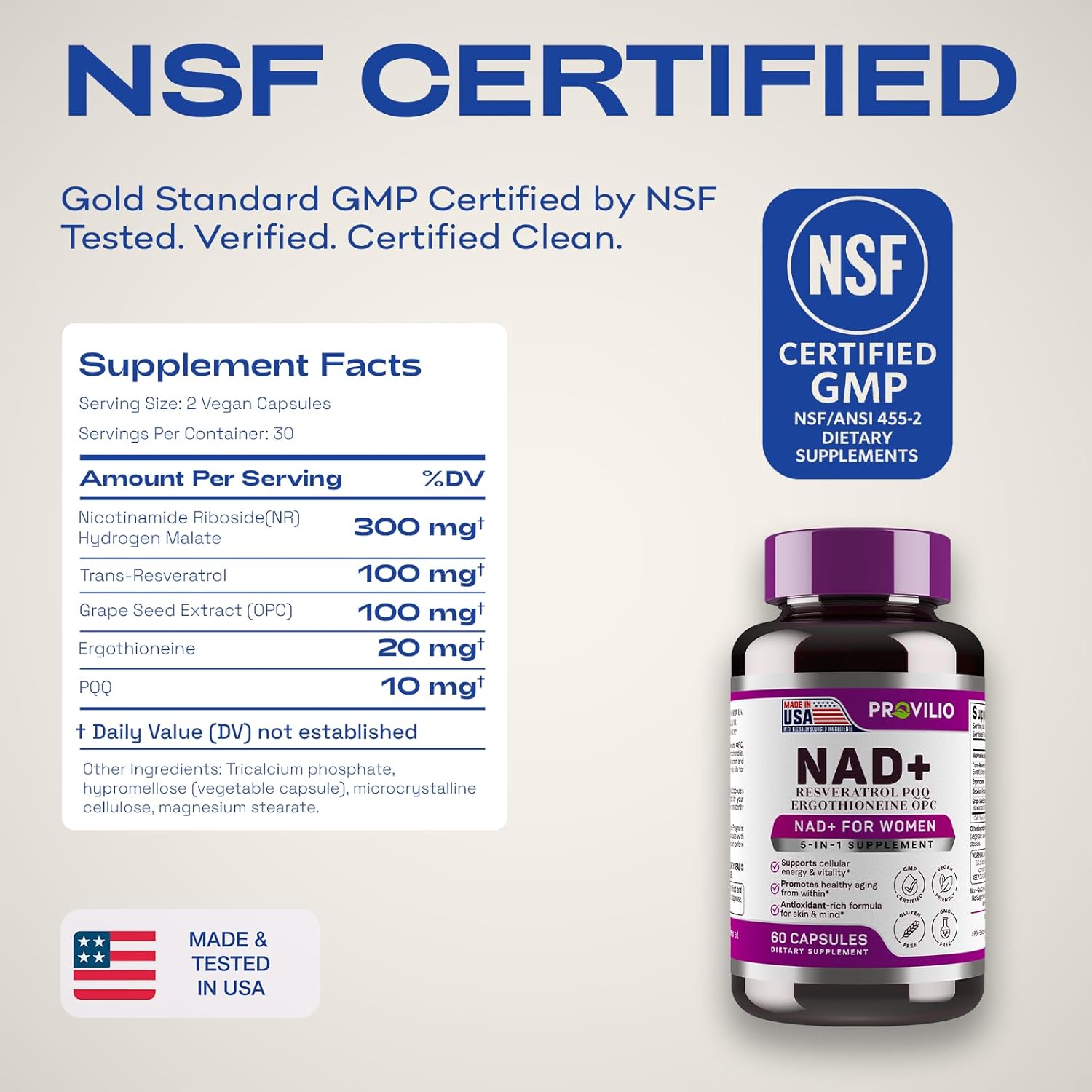 NAD+ Supplements for Women - NAD Resveratrol Supplement with Nicotinamide Riboside, Trans-Resveratrol, PQQ and OPC for Energy, Focus, Healthy Aging - USA Made