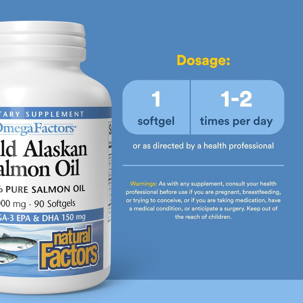 Omega Factors by Natural Factors, Wild Alaskan Salmon Oil, Supports Heart and Brain Health with Omega-3 DHA and EPA, 90 Softgels