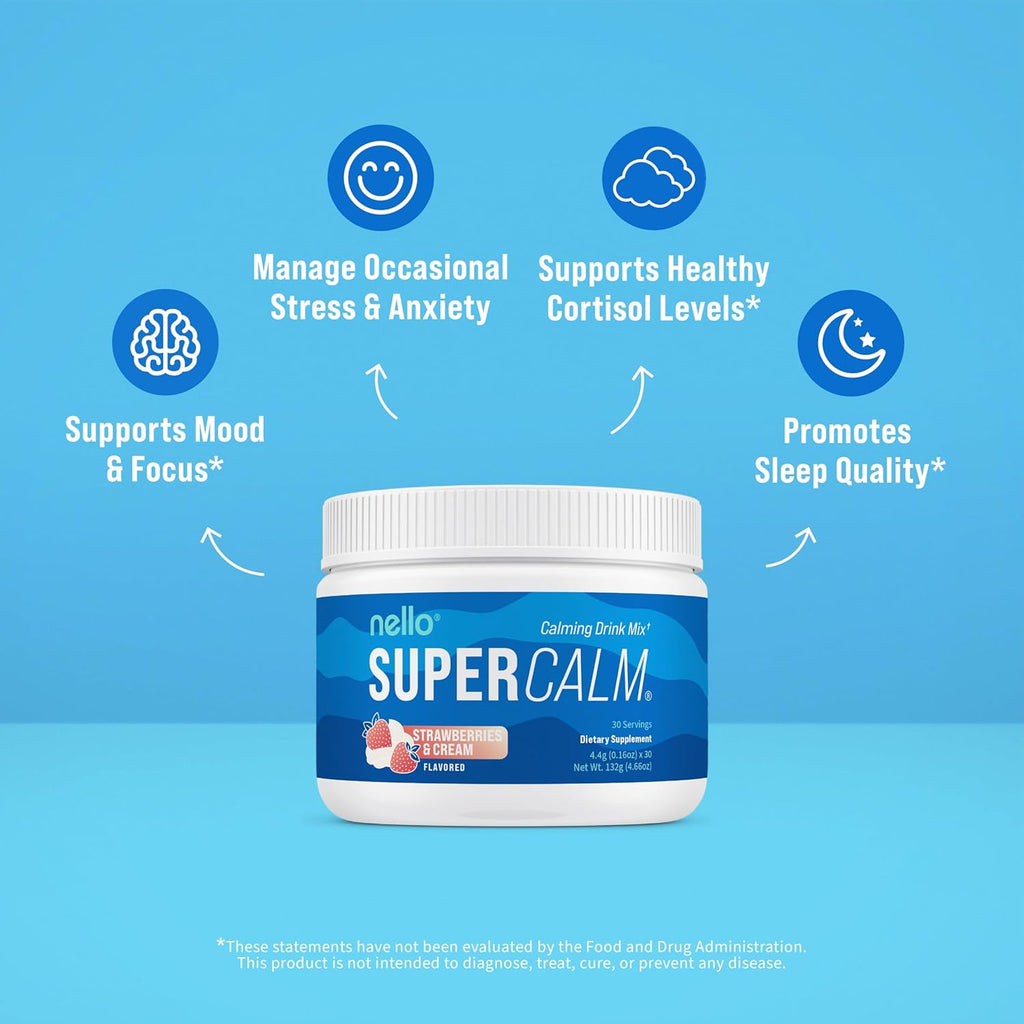 Supercalm Powdered Drink Mix, Strawberries & Cream, L Theanine, Ksm-66 Ashwagandha, Magnesium Glycinate, Vitamin D 3, Supplements for Relaxation & Focus, Natural, No Sugar, Non GMO, 30 Srvgs