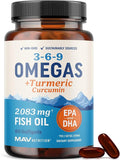Omega 3 6 9 + Turmeric Curcumin Supplement | EPA & DHA Fish Oil + Turmeric Curcuma | Mobility, Cognitive & Heart Health Support | Triple Omega with Curcumin Supplements | Non-GMO | 60 Softgels
