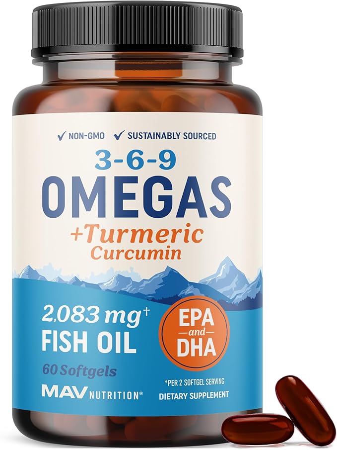 Omega 3 6 9 + Turmeric Curcumin Supplement | EPA & DHA Fish Oil + Turmeric Curcuma | Mobility, Cognitive & Heart Health Support | Triple Omega with Curcumin Supplements | Non-GMO | 60 Softgels