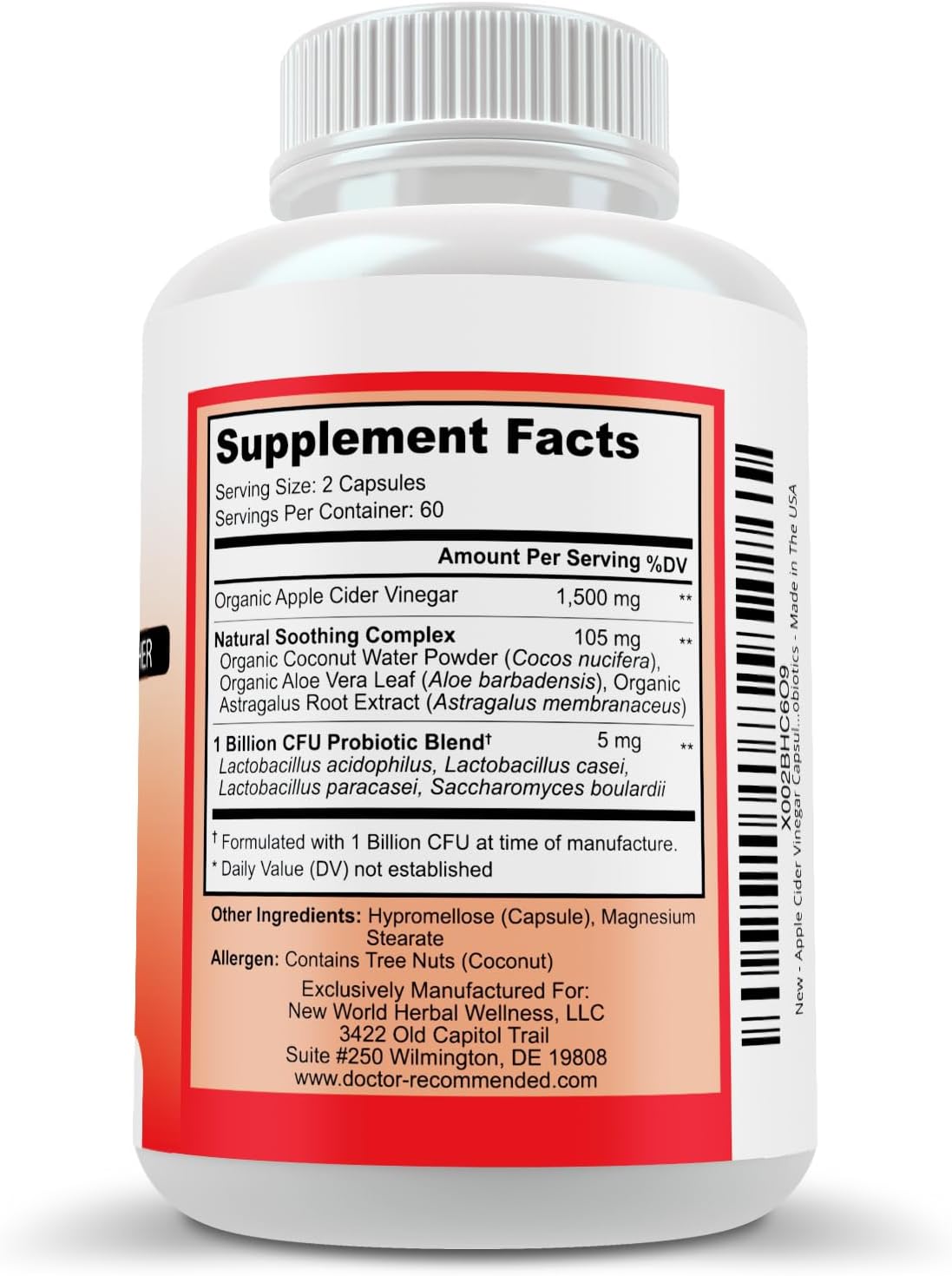 Apple Cider Vinegar Capsules - (120 Veggie Capsules) Organic ACV Supplement with Probiotics - 1500mg per Serving - Supports General Wellness & Digestive Balance - Non-GMO, Made in USA