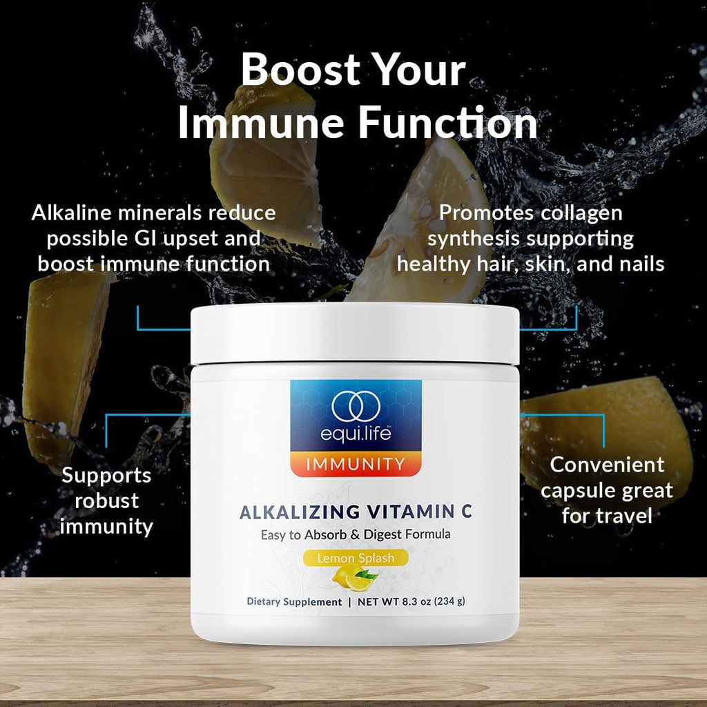 Equilife Alkalizing Vitamin C, 2500 mg per Serving, Immunity Support Supplement with Magnesium, Calcium, & Potassium, Easy Absorption Powder Formula, Gluten Free, Non GMO, Lemon Splash Flavor, 8.3 Oz