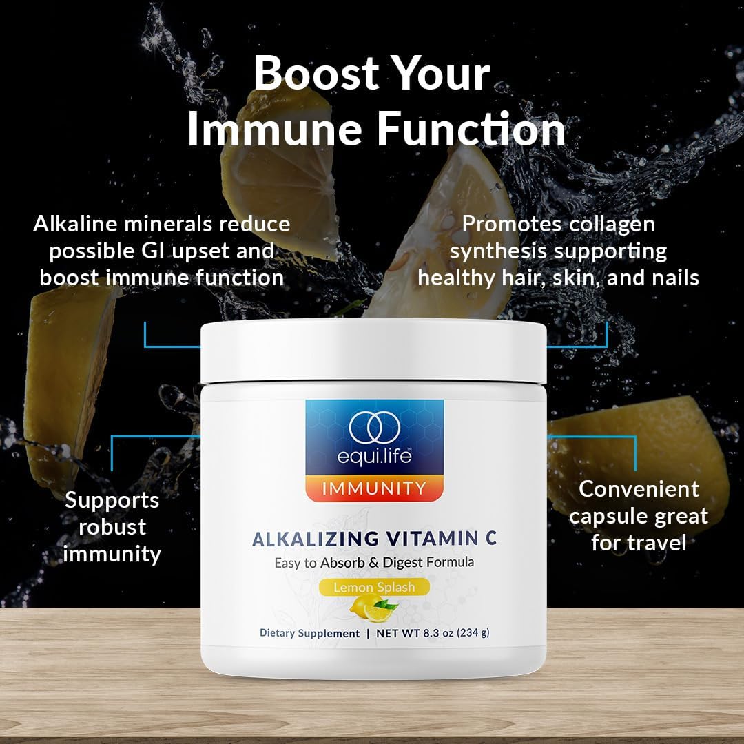 Equilife Alkalizing Vitamin C, 2500 mg per Serving, Immunity Support Supplement with Magnesium, Calcium, & Potassium, Easy Absorption Powder Formula, Gluten Free, Non GMO, Lemon Splash Flavor, 8.3 Oz