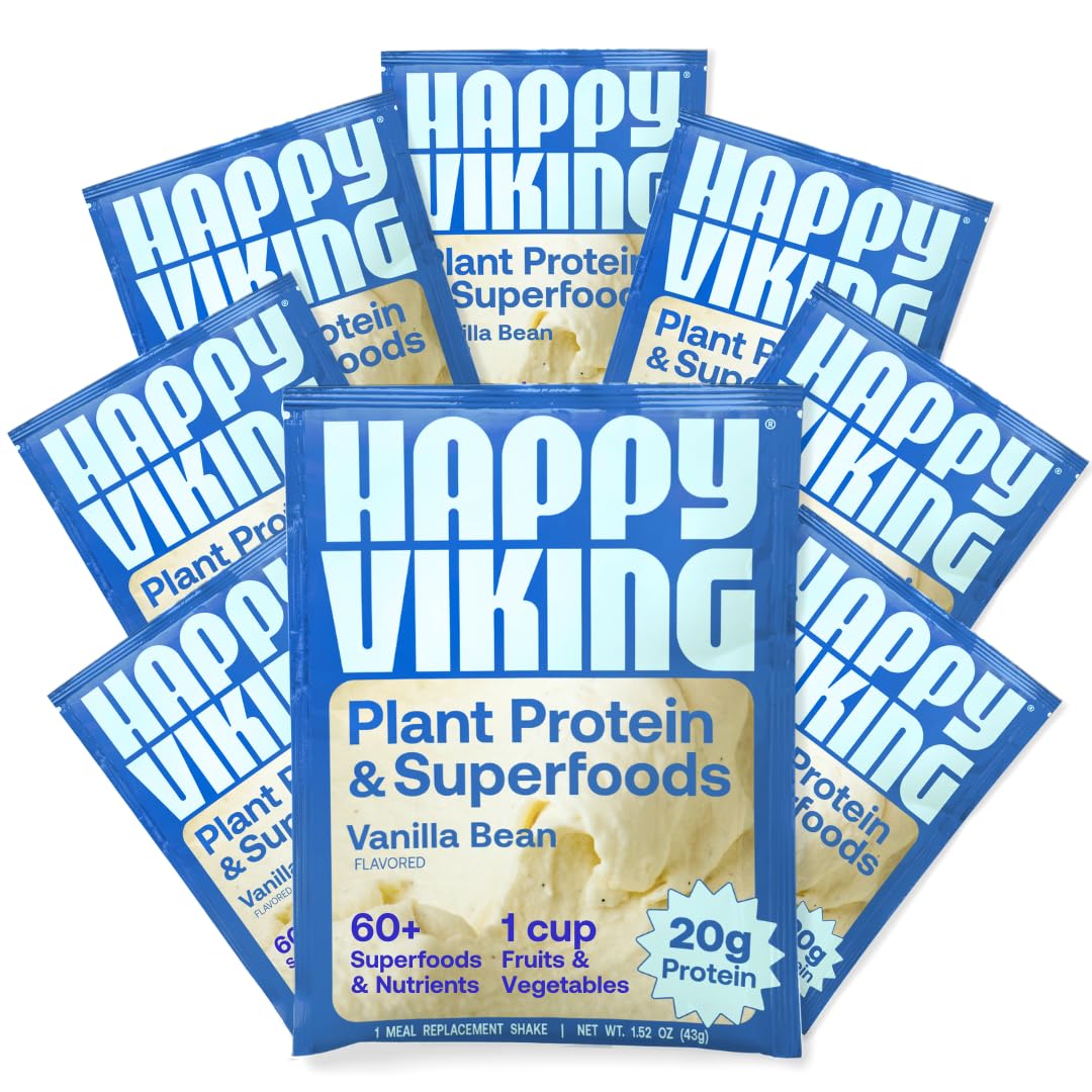 Happy Viking Vanilla Bean Plant Protein Powder, Created by Venus Williams, 20G Protein, Low Carb, Keto, Vegan, Gluten-Free, Non-GMO, Superfoods, Complete Meal Replacement, 8 Single Serve Packs