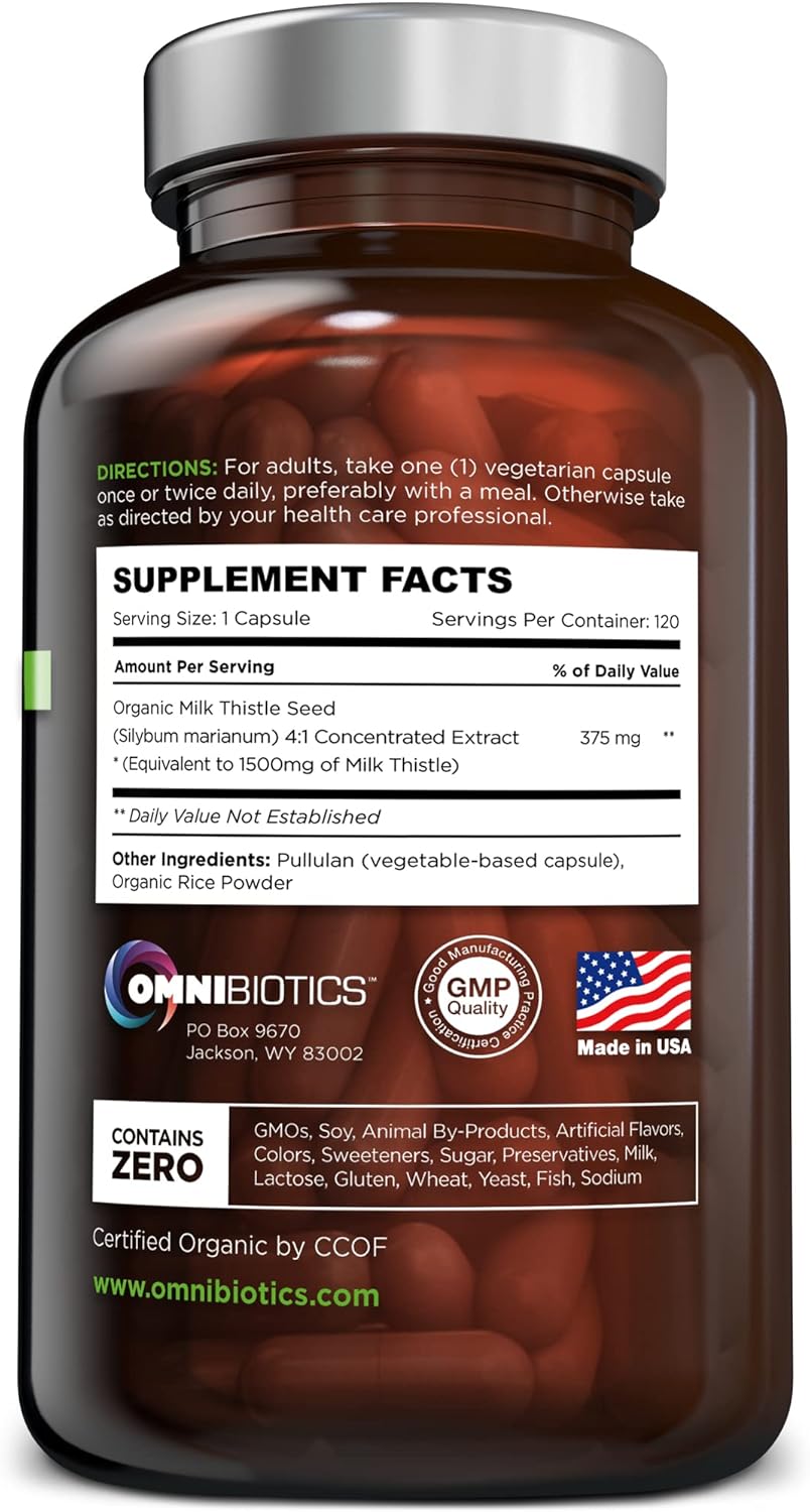 OmniBiotics Organic Milk Thistle Supplement 1500mg – 4X Concentrated Extract with Silymarin – High Potency Liver Detox & Support – 120 Vegan Capsules