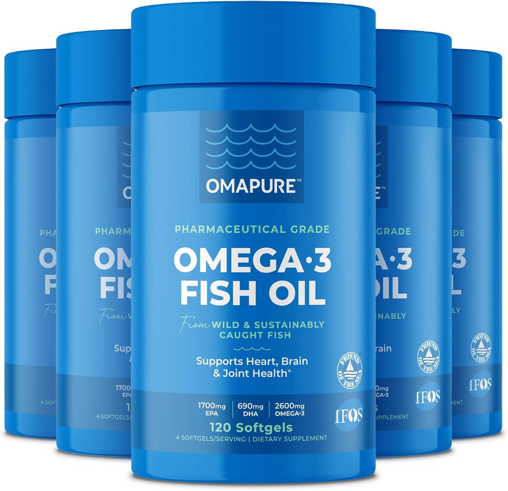 OMAPURE Fish Oil Supplements with Omega 3 Fatty Acids (5 Bottle, 120 Softgels) - High EPA, DHA, & IFOS Fish Oil Pills Support Heart & Joint Health - Burpless - Promotes Brain Function