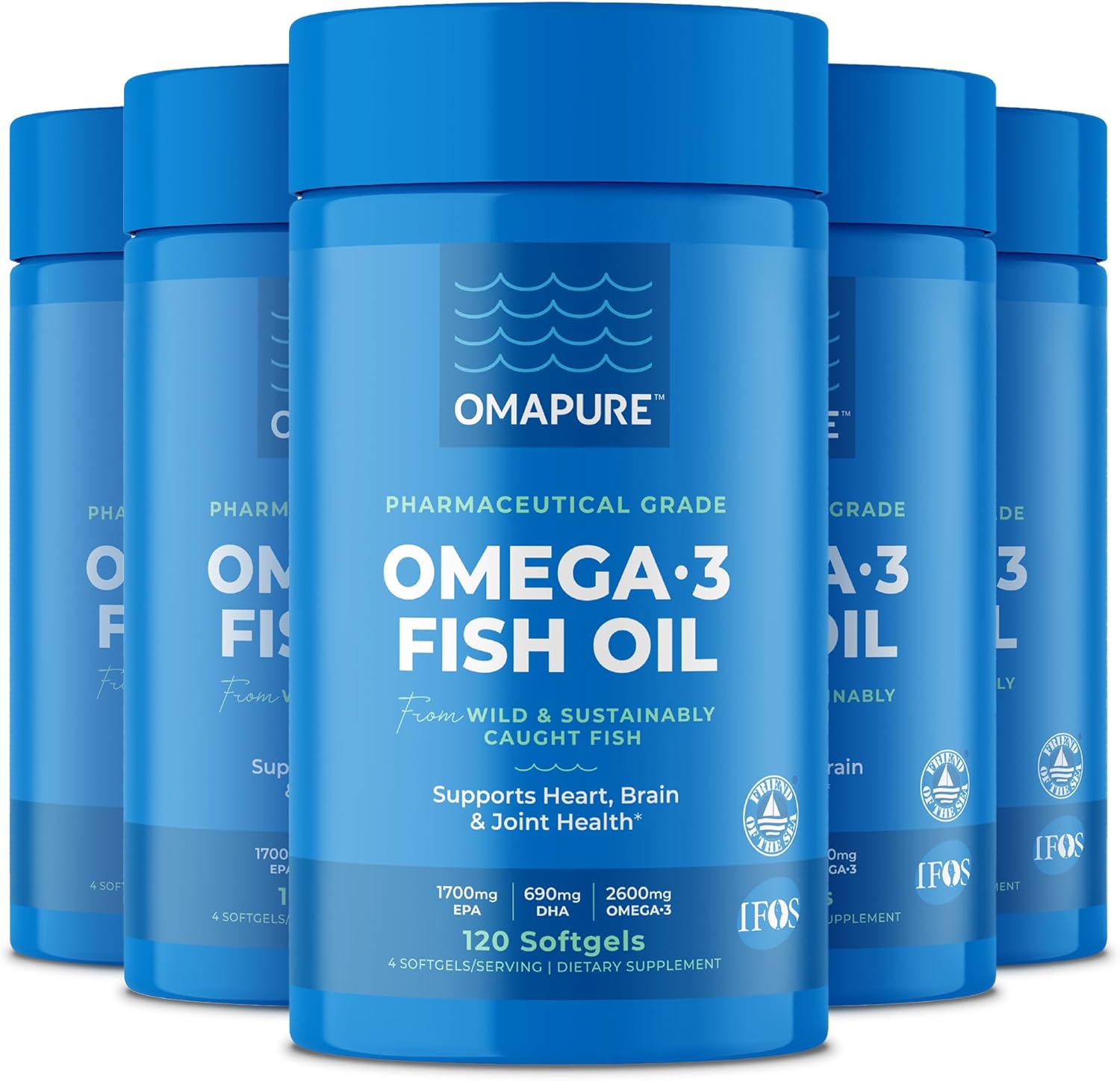 OMAPURE Fish Oil Supplements with Omega 3 Fatty Acids (5 Bottle, 120 Softgels) - High EPA, DHA, & IFOS Fish Oil Pills Support Heart & Joint Health - Burpless - Promotes Brain Function