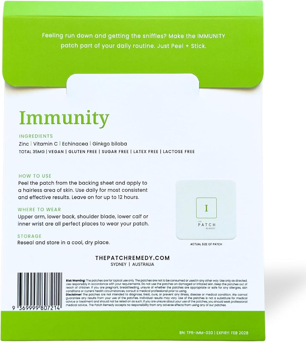 Immunity Patches - 30 Topical Immune Patches Containing Vitamin C, Zinc, Echinacea Extract & Ginkgo Biloba, Lasts 24 Hours
