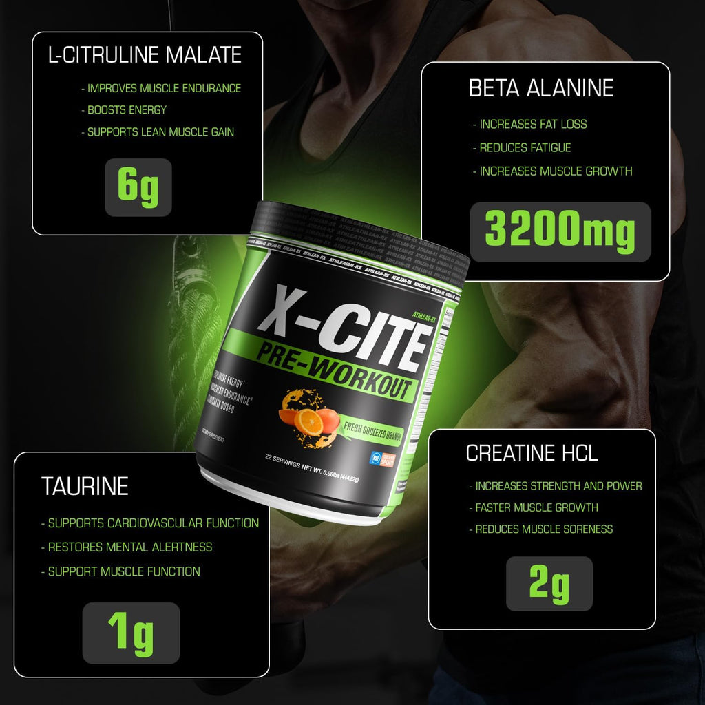 X-CITE Pre-Workout by ATHLEAN-X - Enhanced Formula with Beta-Alanine, Creatine & Caffeine for Energy, Endurance, Focus & Muscle Pump, NSF Certified for Sports (22 Servings, Fresh Squeezed Orange)