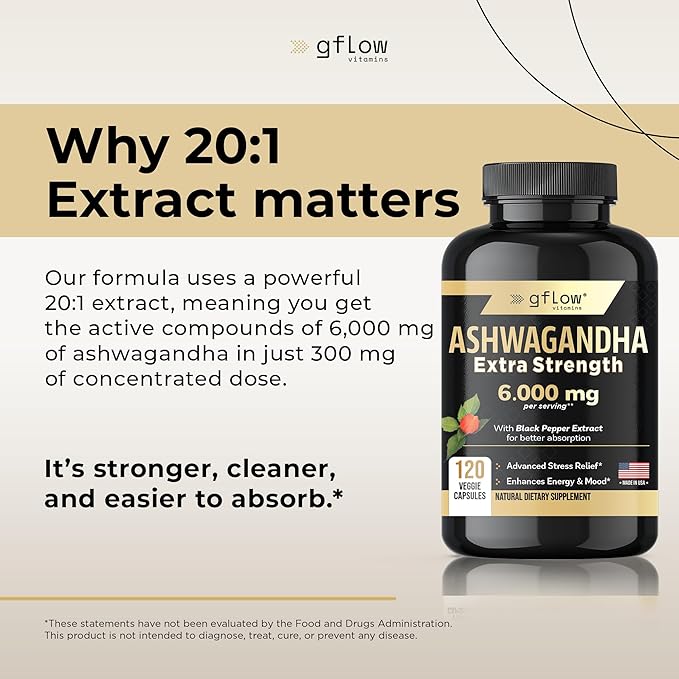 Ashwagandha Supplements for Women and Men 6000mg | Sleep, Mood and Energy Support | Extra Strength, Vegan Friendly, Non-GMO, Made in USA
