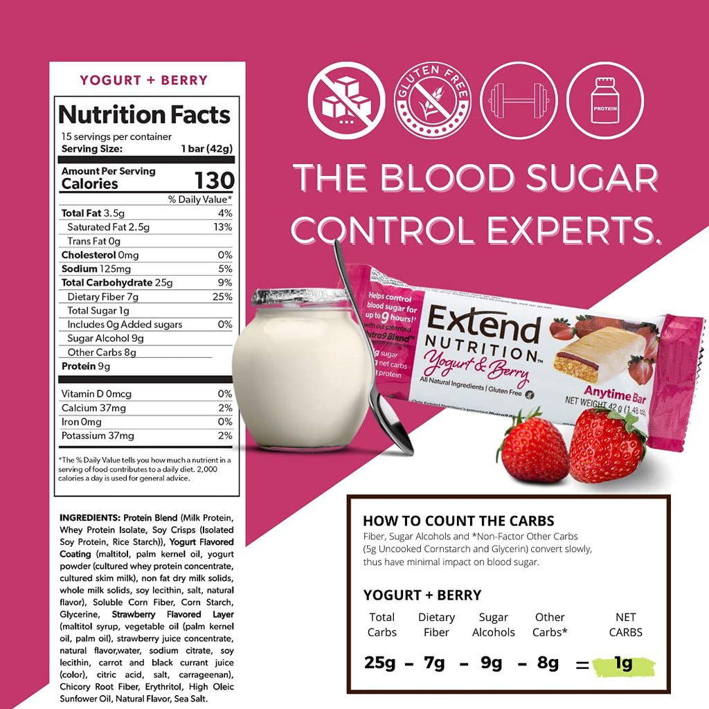 Extend Nutrition 1 Gram Sugar High Protein Bars, Perfect Diabetic Snacks for Adults and Kids, High Protein Bars for Hunger Control & Steady Energy, Low Carb, Keto Friendly, Yogurt and Berry, 12 Count