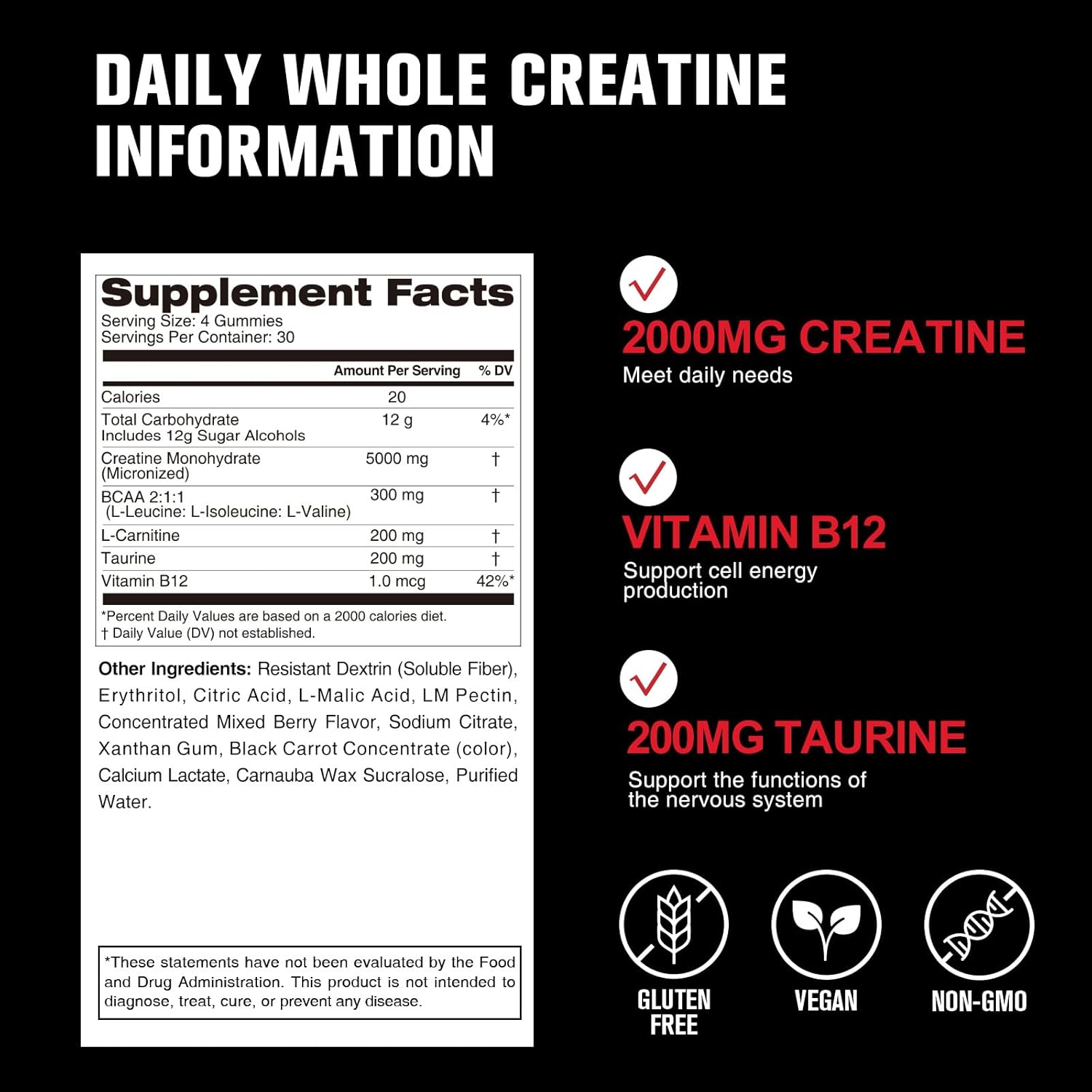 7 IN 1 Creatine Monohydrate Gummies Complex 5600mg for Women and Men, Creatina gummy with L-Carnitine, B12, BCAA 2:1:1, Sugar Free, Non-GMO & Vegan, 120 Gummies，Mixed Berry Flavor & Easy Chewable