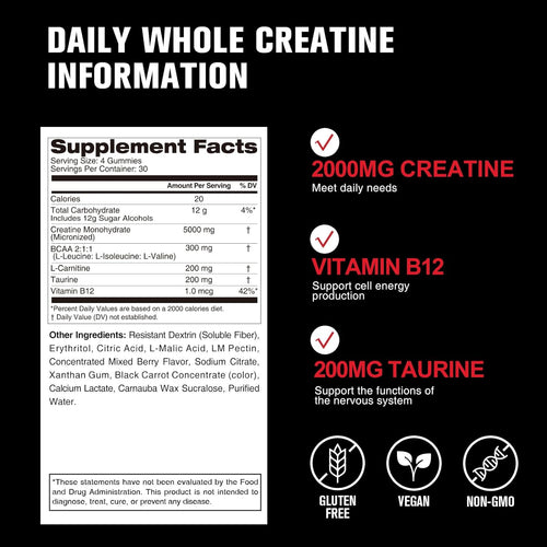 7 IN 1 Creatine Monohydrate Gummies Complex 5600mg for Women and Men, Creatina gummy with L-Carnitine, B12, BCAA 2:1:1, Sugar Free, Non-GMO & Vegan, 120 Gummies，Mixed Berry Flavor & Easy Chewable