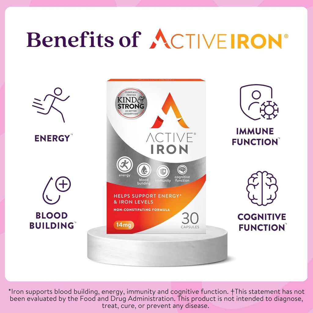 Active Iron Supplement 25mg – Clinically Proven to Increase Iron & Energy Levels – Gentle, Non-Constipating, Highly Absorbed – 30 Capsules