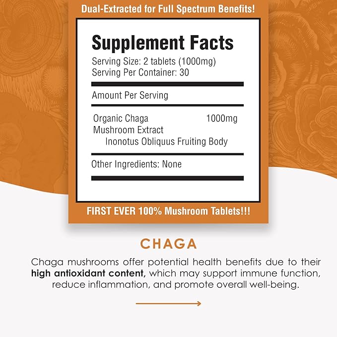 Chaga Mushroom Extract Tablets - 30g Monthly Supply - Dual-Extraction Fruiting Body - 35%+ Beta-glucans + Active Compounds - Wild Harvested Pure Birch Tree Grown - No Fillers or Additives