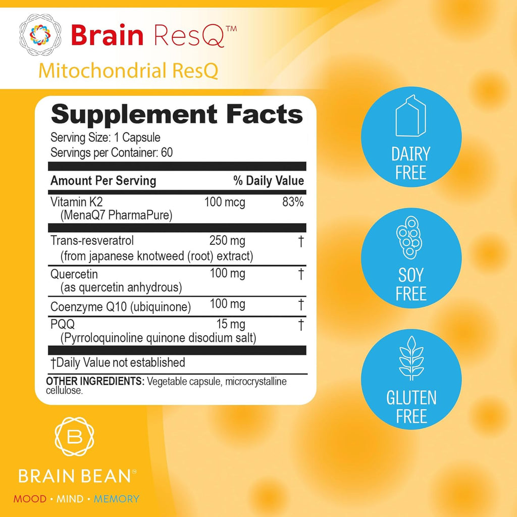 Brain ResQ Advanced Mitochondrial Formula with PQQ, CoQ10, Trans Resveratrol, MenaQ7 & Quercetin Supplement - 100mg of CoQ10 & 15mg PQQ – Supports Brain, Heart & Cellular Health – 60 Capsules