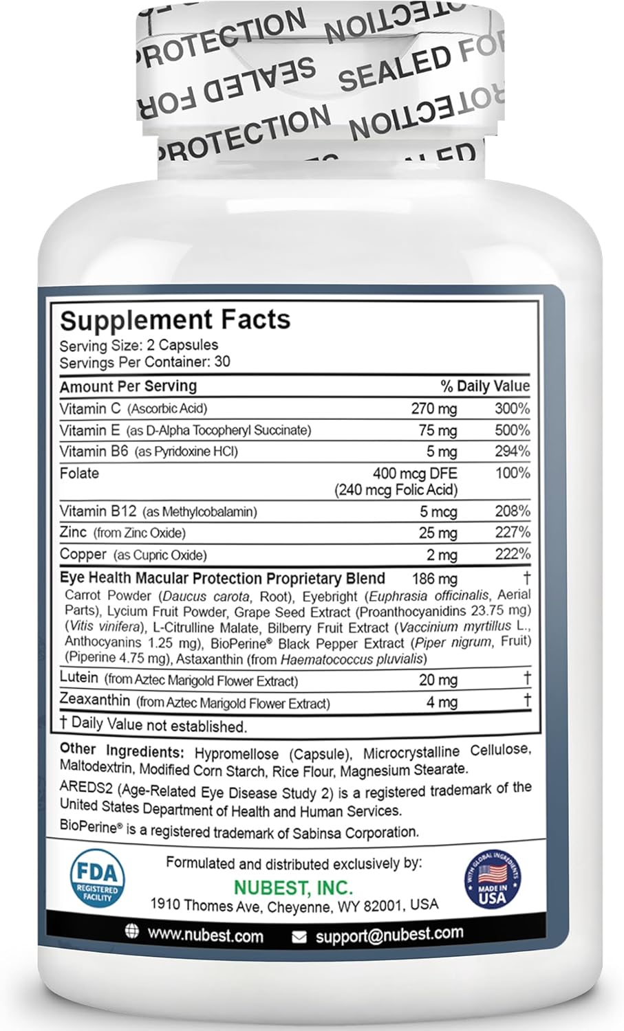 NuBest AREDS 2 Eye Vitamins with Beta Carotene Carrot Powder, 20mg Lutein, 4mg Zeaxanthin, Bilberry, Grape Seed, BioPerine, B-Complex, Multivitamin for Eye Health | 60 Vegan Capsules | 1 Month Supply
