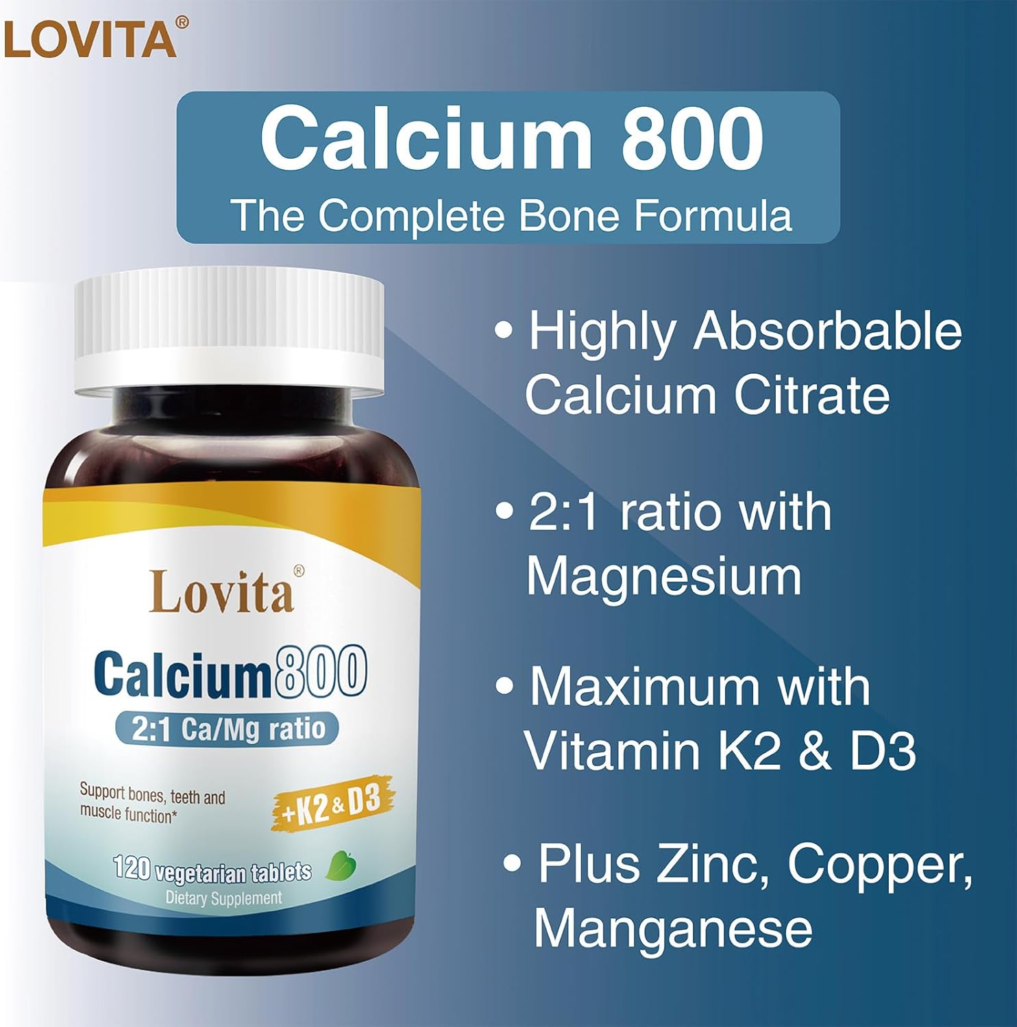 Calcium 800 mg | Highly Absorbable Calcium Citrate with Vitamin D3 & K2 | Premium 2:1 Ratio with Magnesium | Plus Zinc, Copper, Manganese | Vegan Supplement for Bone Health, 120 Tablets (Pack of 3)