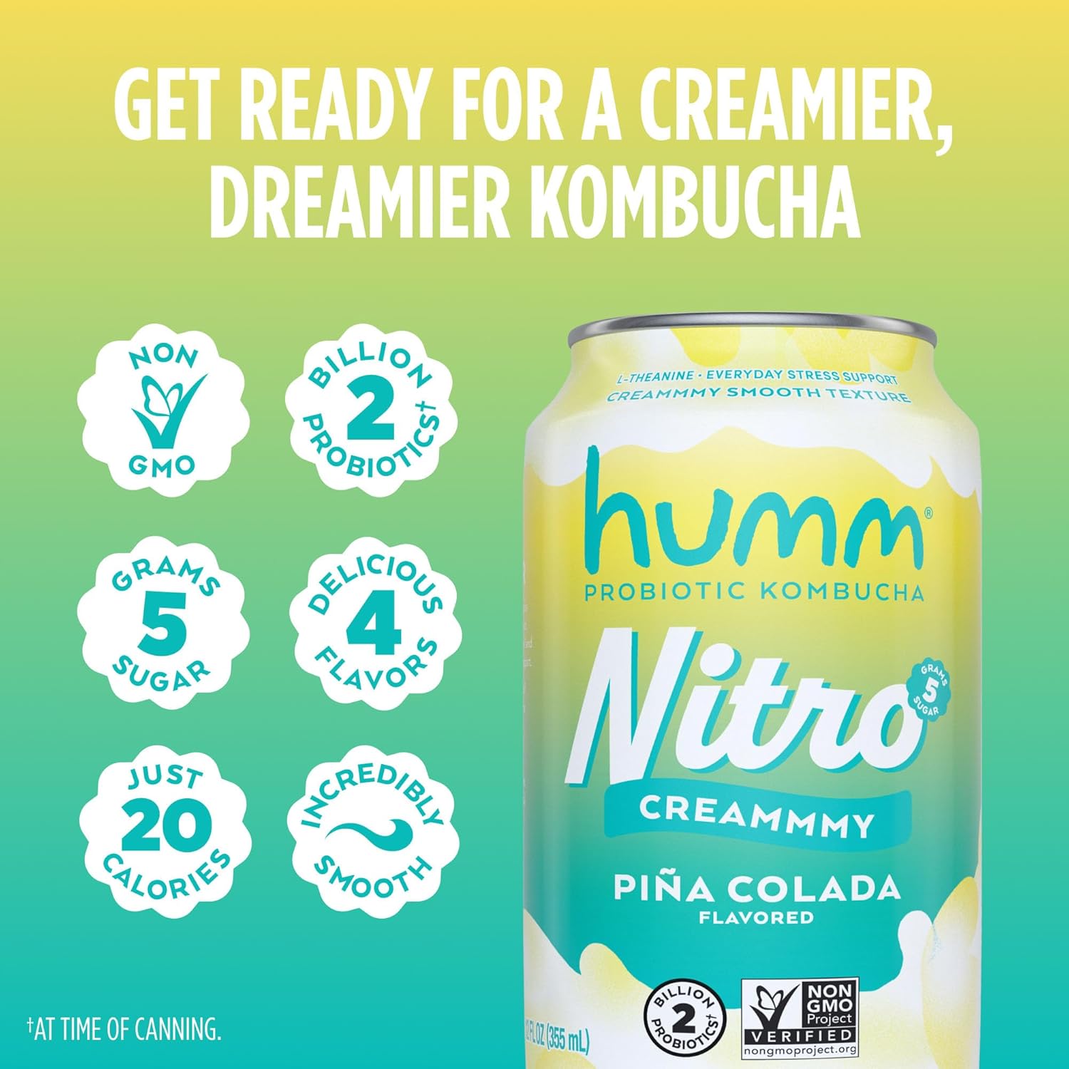 Humm Nitro Kombucha Piña Colada, Creamy Smooth Probiotic Drink with L-Theanine, Non-GMO, Vegan, Gluten Free, 12 fl oz (Pack of 12)