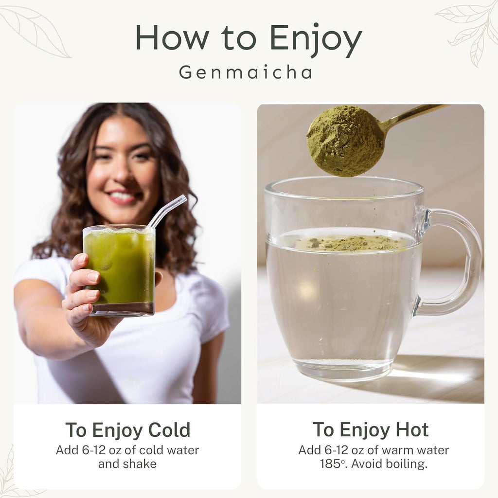 Yu Tea Organic Genmaicha Green Tea Powder, 30 Instant Packets | Japanese Green Tea & Roasted Brown Rice | Low Caffeine & Unsweetened | Relaxation, Antioxidants & Digestion | Single Serve Sticks