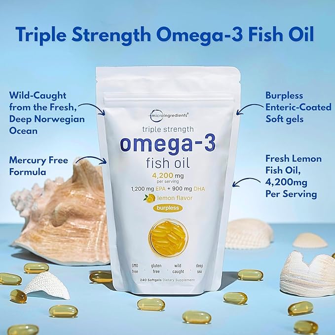 Micro Ingredients Triple Strength Omega 3 Fish Oil Supplements 4,200mg Per Serving, 240 Softgels – Lemon Flavored – Burpless | EPA 1,200mg + DHA 900mg | Deep Sea Fish