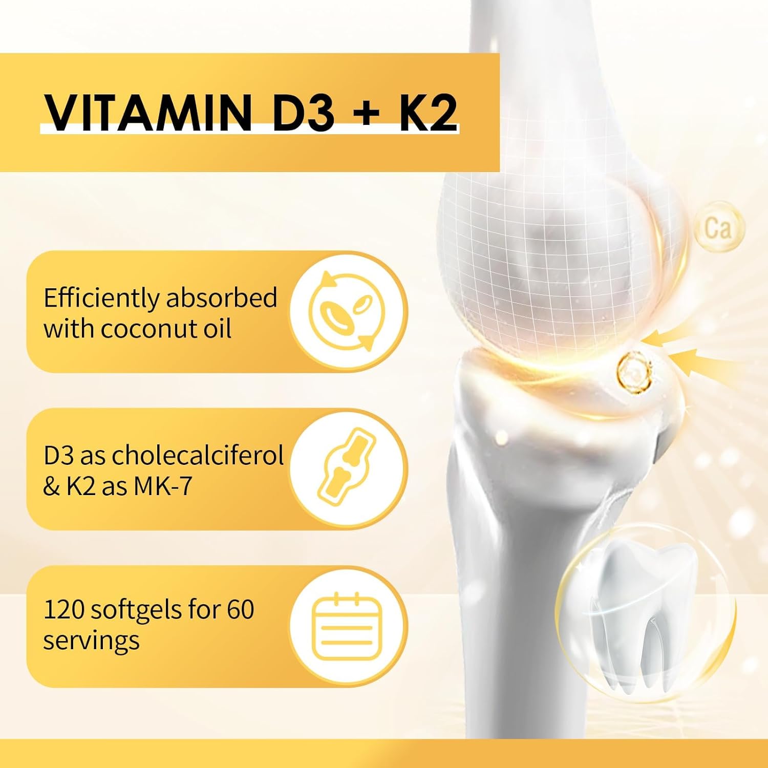 Vitamin D3 K2 Supplement with Vitamin D3 5000 IU, 200 mcg Vitamin K2 MK-7 & Natural Coconut Oil, Plant Based 2-1 Formula for Bone, Teeth, Muscle and Immune Health Support (120 Count (Pack of 2))