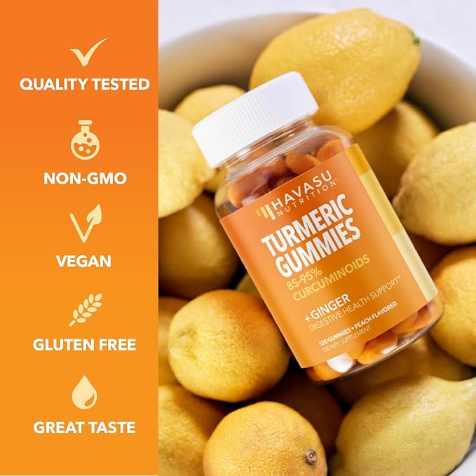 Turmeric Gummies with Ginger Root Extract - Digestive Health and Immune Support Supplement for Overall Wellness - 120 Count - Vegan, Non-GMO Curcumin Vitamin - Peach Flavor, 2 Month Supply