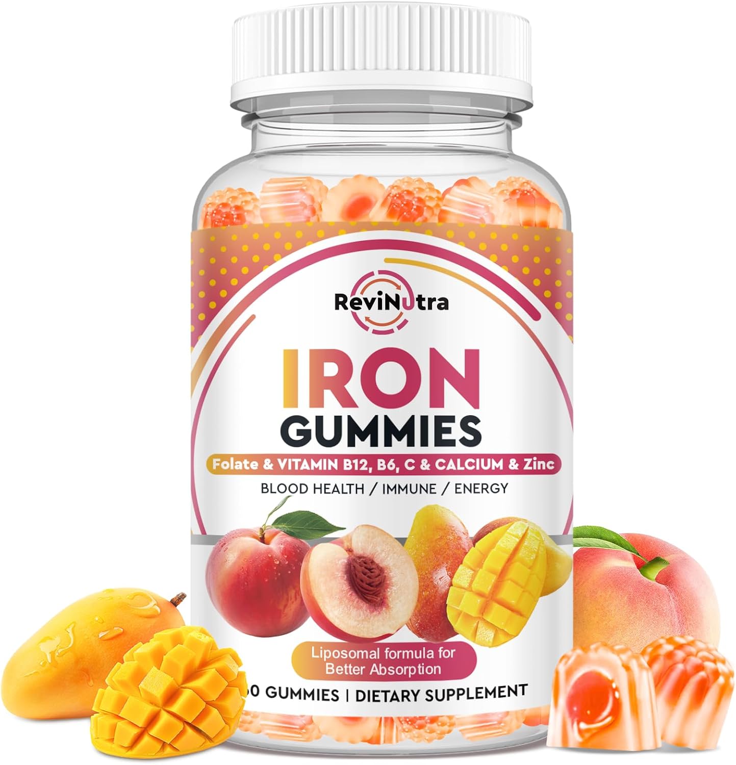 Iron Supplement Gummies for Adults & Kids - with Calcium, Zinc, Folate & Multivitamin - Blood Builder & Energy Support & Immune Health for Iron Deficiency, Anemia, Vegan -Peach & Mango Flavor 60 Count