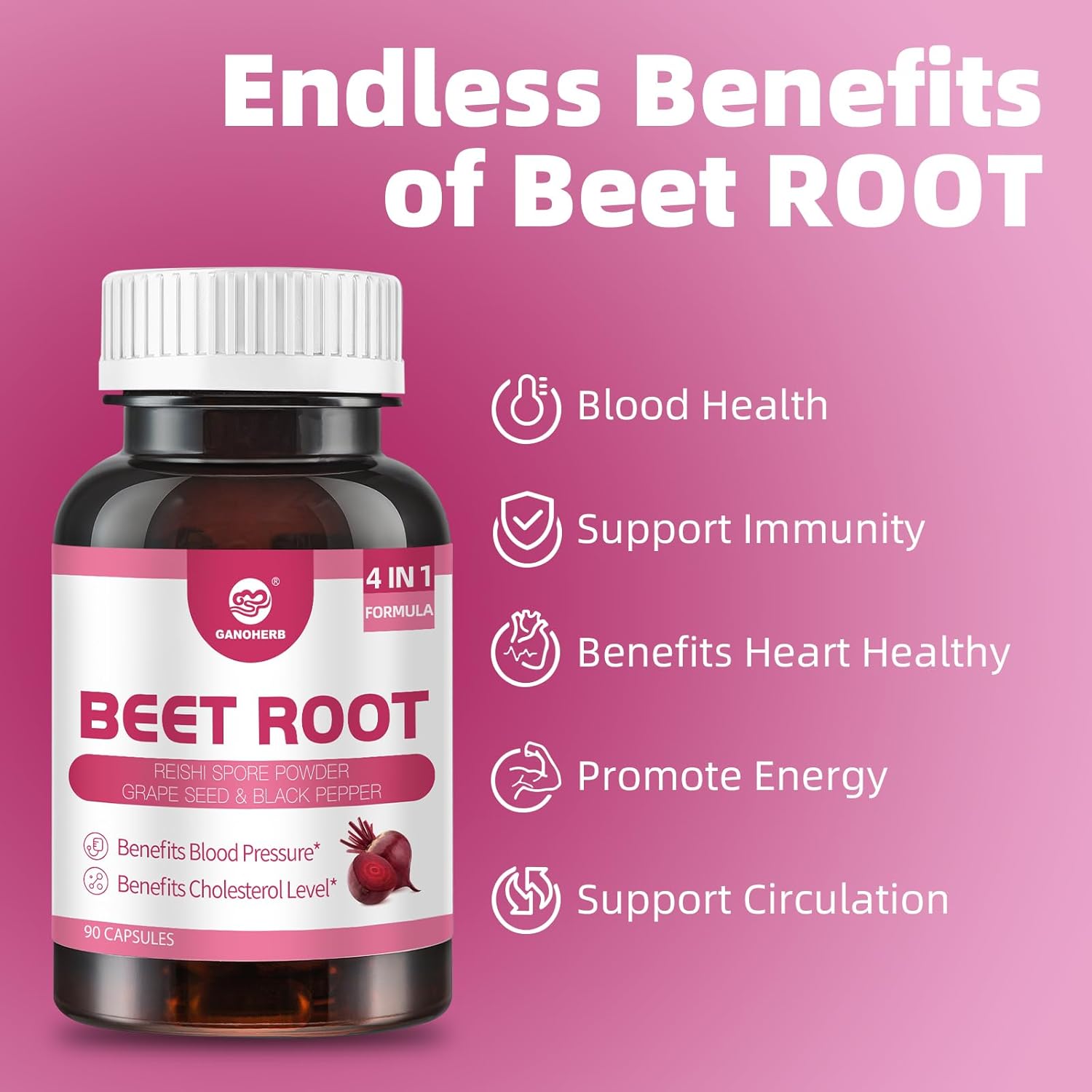 Beet Root Capsules 24000mg with Grape Seed Extract, Beetroot Supplement 4 in 1 with Reishi Mushroom, Black Pepper to Support Circulation, 90 Rapid Release Capsules