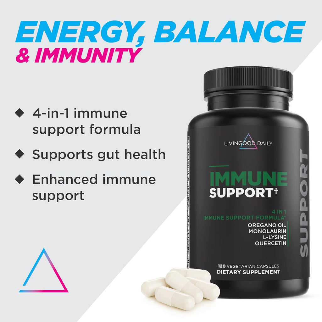 Livingood Daily Immune Support Supplement, 4-in-1 Formula with Oregano Oil, Monolaurin, L Lysine & Quercetin, Gut & Digestive Health, Gluten Free, Vegan, Non GMO, Allergen Free, 120 Capsules