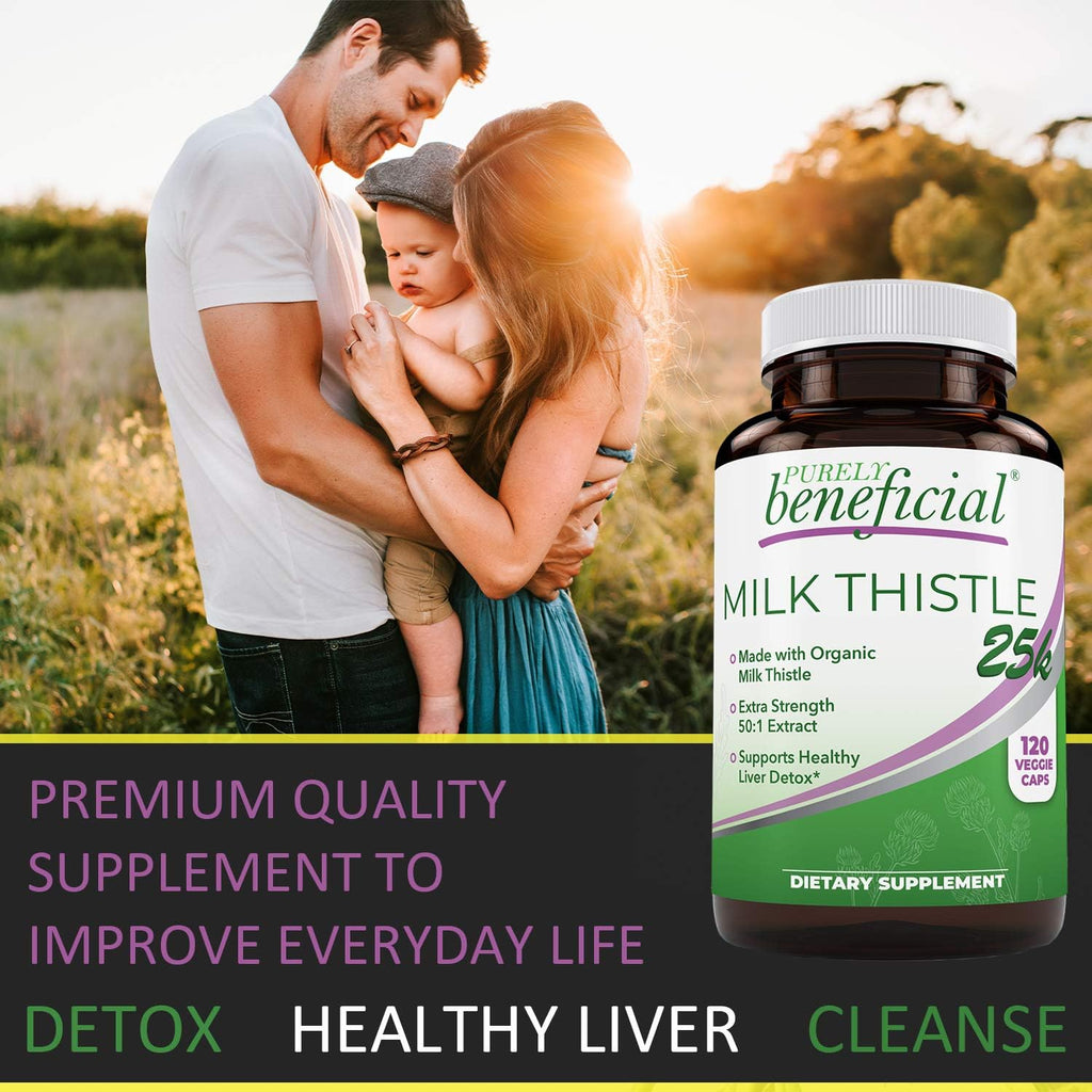 PURELY beneficial Organic Milk Thistle Capsules, 50:1 Milk Thistle Extract, Silybum Marianum 25000 mg Strength, Liver Cleanse & Antioxidant Support, 120 Veg Capsules, Vegan & Non-GMO