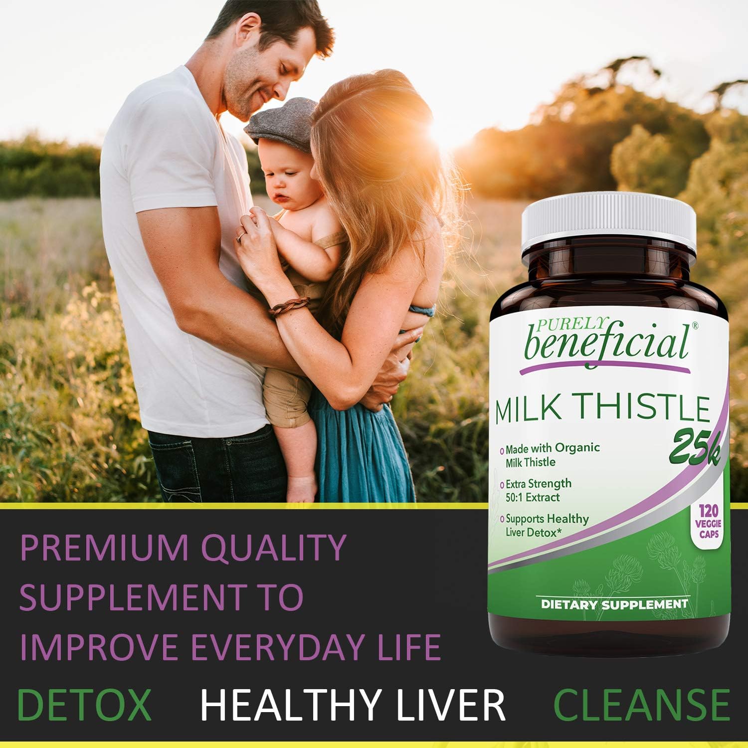PURELY beneficial Organic Milk Thistle Capsules, 50:1 Milk Thistle Extract, Silybum Marianum 25000 mg Strength, Liver Cleanse & Antioxidant Support, 120 Veg Capsules, Vegan & Non-GMO
