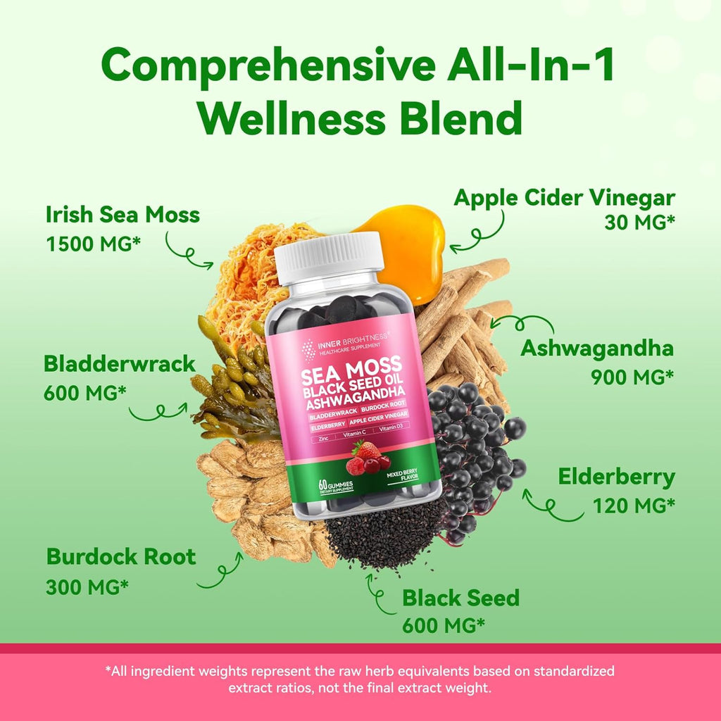 Irish Sea Moss Gummies with Ashwagandha, Elderberry, Apple Cider Vinegar, Bladderwrack, Burdock Root & Black Seed for Immune Support – Mixed Berry Flavor, 2 Pack