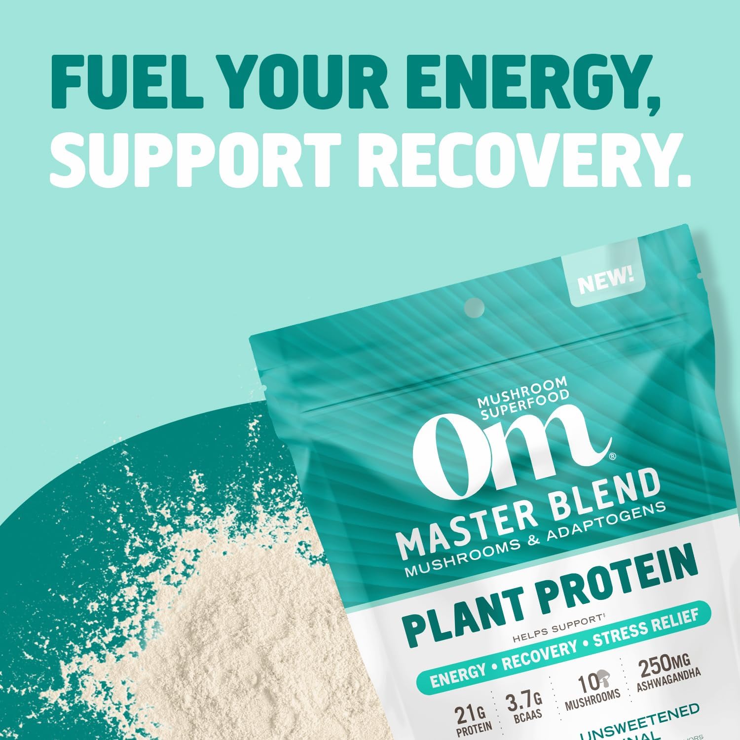 OM MUSHROOM SUPERFOOD Master Blend Mushroom Plant-Based Protein, 16 Servings Unsweetened Original, Unsweetened Plant-Based Protein with 10 Mushrooms & Adaptogens, GLP-1 Support