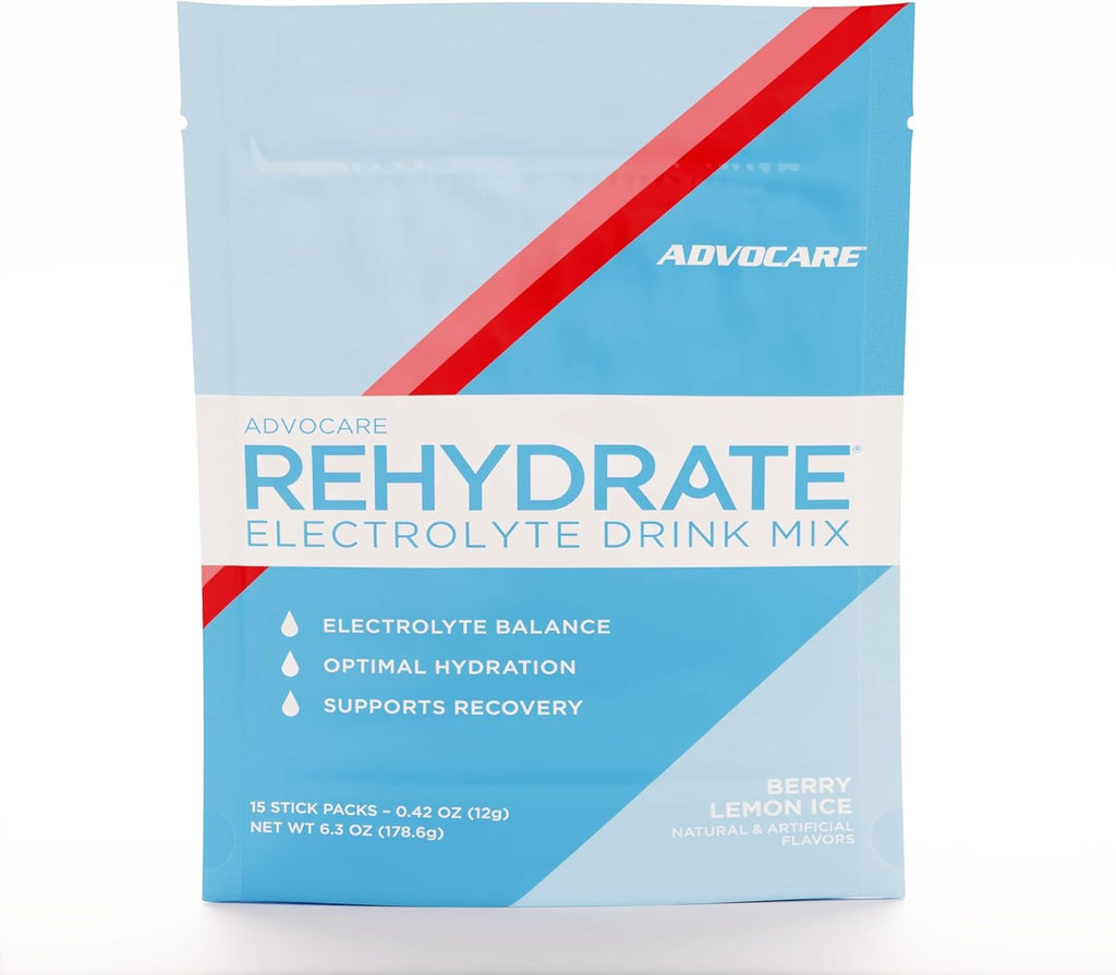 AdvoCare Rehydrate - Electrolyte Drink Mix - Includes Magnesium, Sodium, Potassium & Calcium - Antioxidant & Amino Acid Fortified - Hydration & Recovery - Berry Lemon Ice, 15 Stick Packs (6.3 oz)