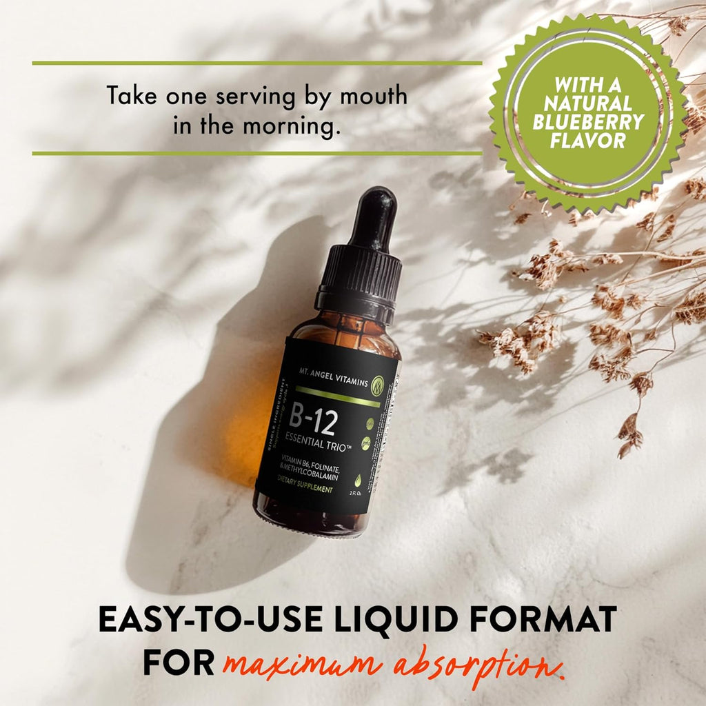 Mt. Angel Vitamins - B12 Essential Trio - Vegan Sublingual Drops with High-Potency Methyl B12, B6 & Folate - Easy Absorption Liquid - Non-GMO, Made in USA