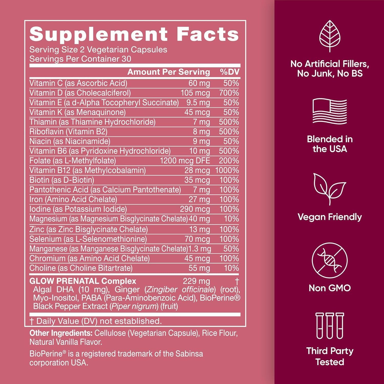 Glow Prenatal Vitamins for Women – 20-in-1 Vital Nutrients for Healthy Pregnancy and Fetal Development – Folic Acid & Vegan DHA For Baby's Growth & A Comfortable Pregnancy – 60 Nourishing Capsules