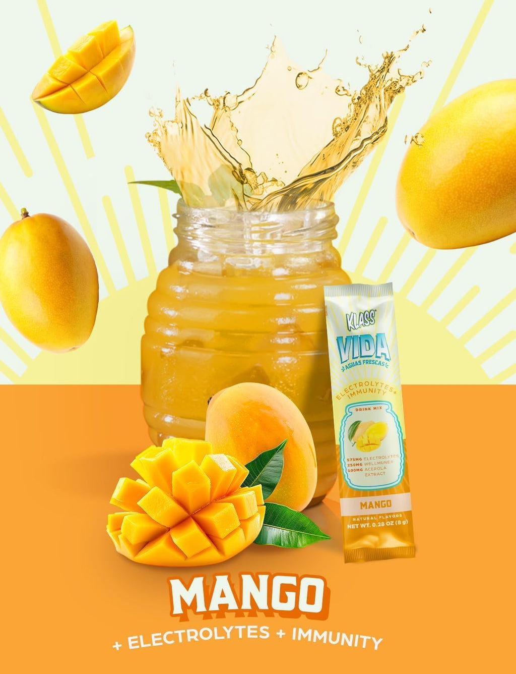 Hydration + Immunity Electrolyte Drink Mix – Mango Agua Fresca Flavor | Sugar-Free Powder with Wellmune®, Acerola, Coconut Water & Minerals | 15 Single-Serve Stick Packs, Natural Flavor