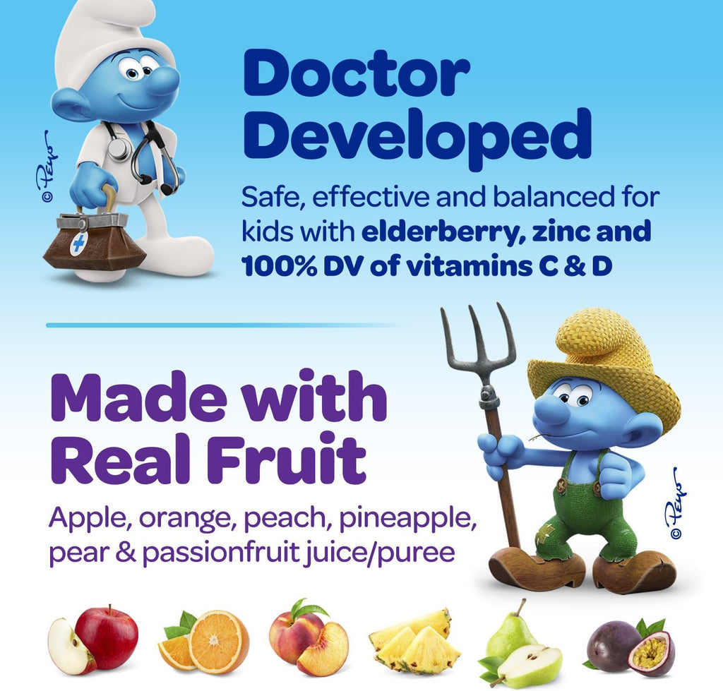 Smurfs Kids Immune Support Gummies | Black Elderberry Vitamin C and Zinc Kids Immunity Gummies | Made with Real Fruit | Doctor Developed | Non-GMO & No Artificial Flavors or Colors | 40 Gummies
